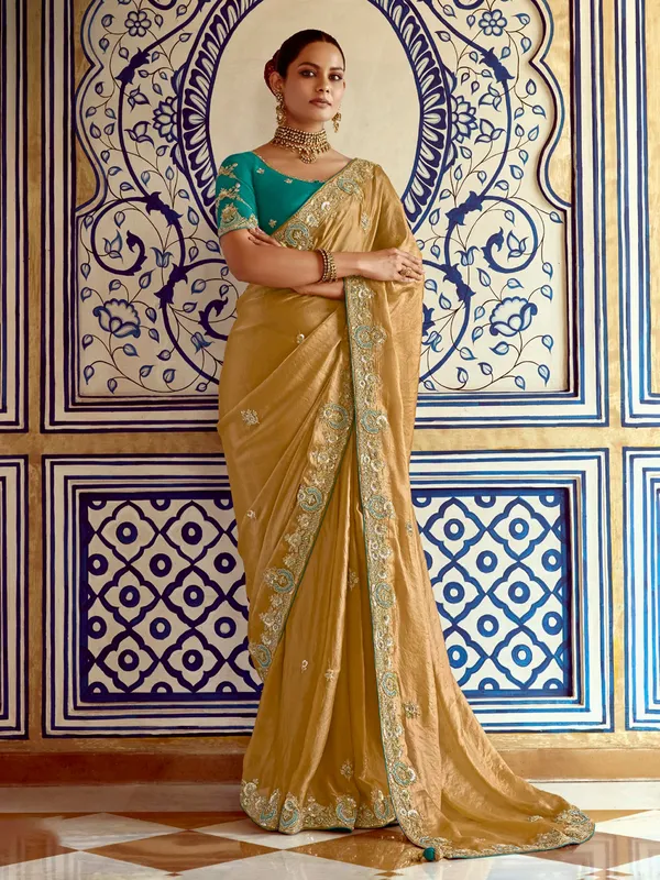 Beige resham worked saree in soft tissue silk