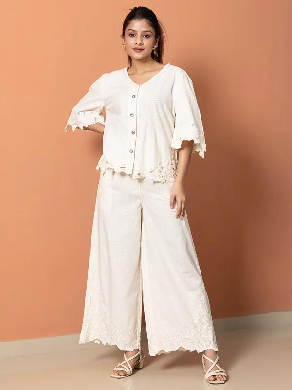 Beige rippped pattern cotton co-ord set