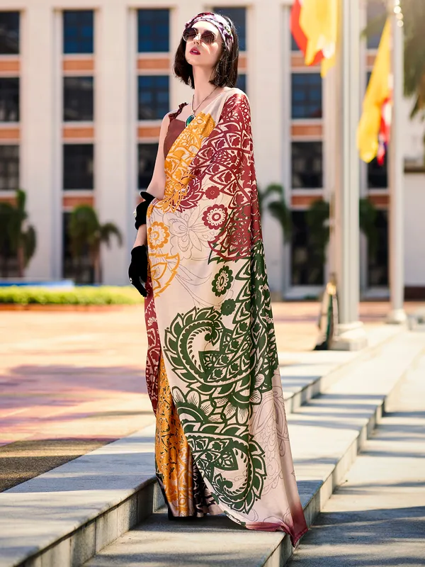 Beige satin silk printed saree
