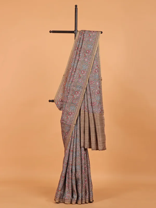 Beige semi cotton silk printed saree