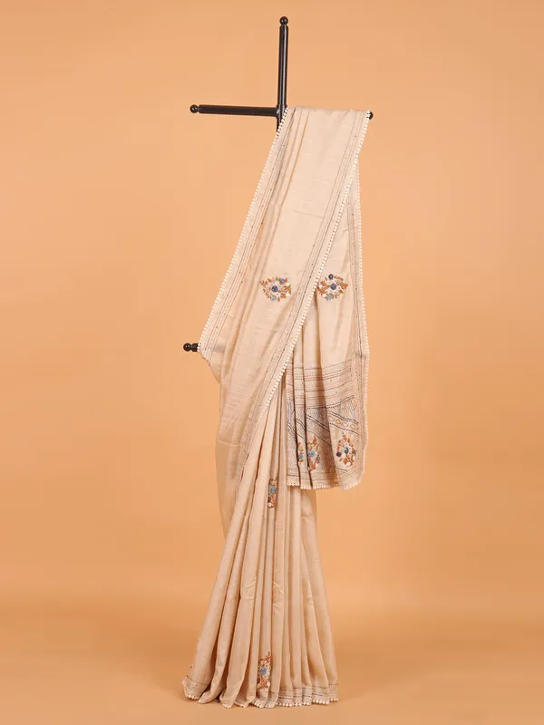 Beige semi cotton silk thread weaving saree