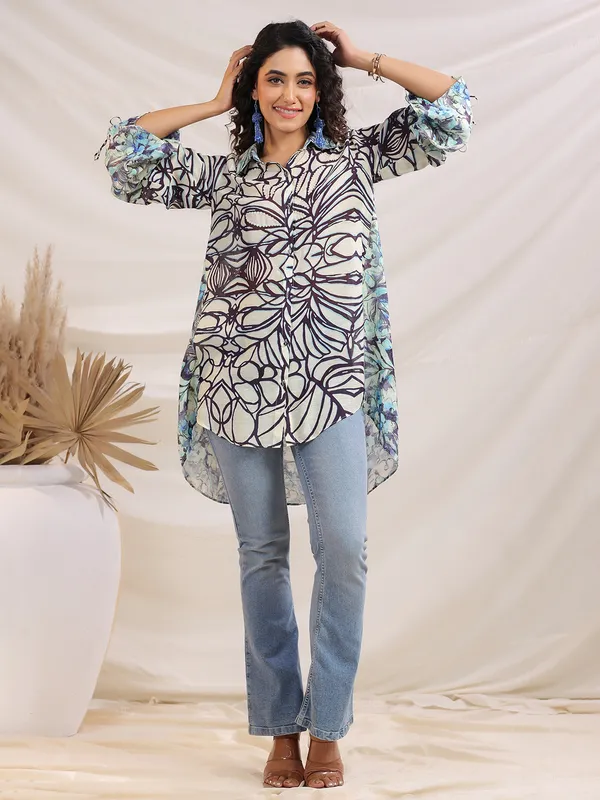 Beige sequins worked linen silk printed top