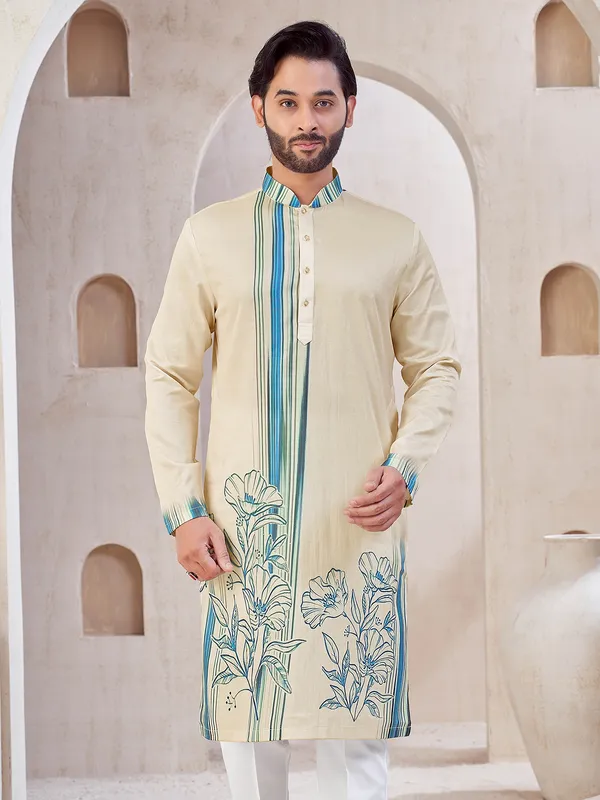 Beige shaded cotton kurta suit for men