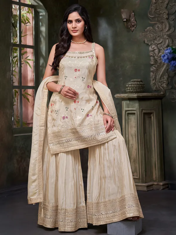 Beige sharara suit in rich silk