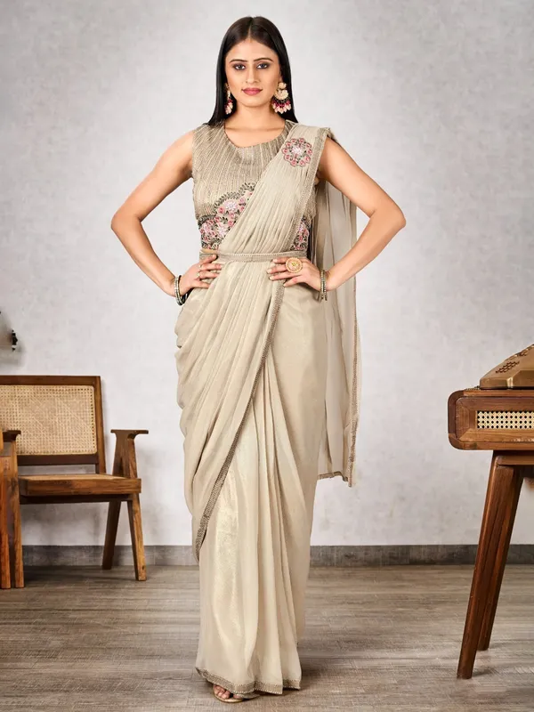 Beige shimmer georgette redy to wear saree