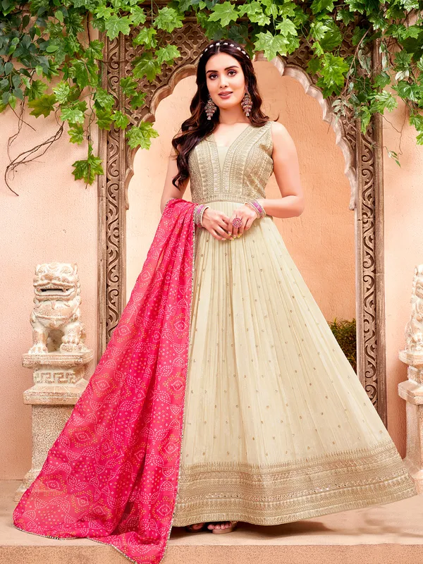 Beige silk anarkali suit for women