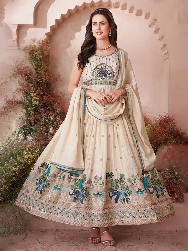 Beige silk anarkali suit for women wedding wear
