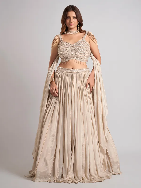 Beige silk cutdana lehenga choli for wedding wear