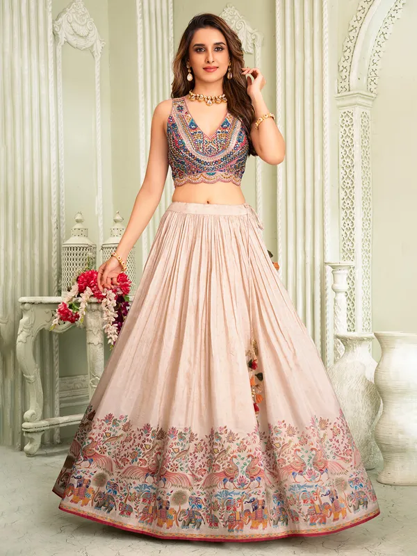 Beige silk embroidered lehenga choli