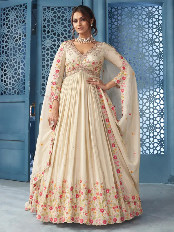 Beige silk floor length anarkali suit