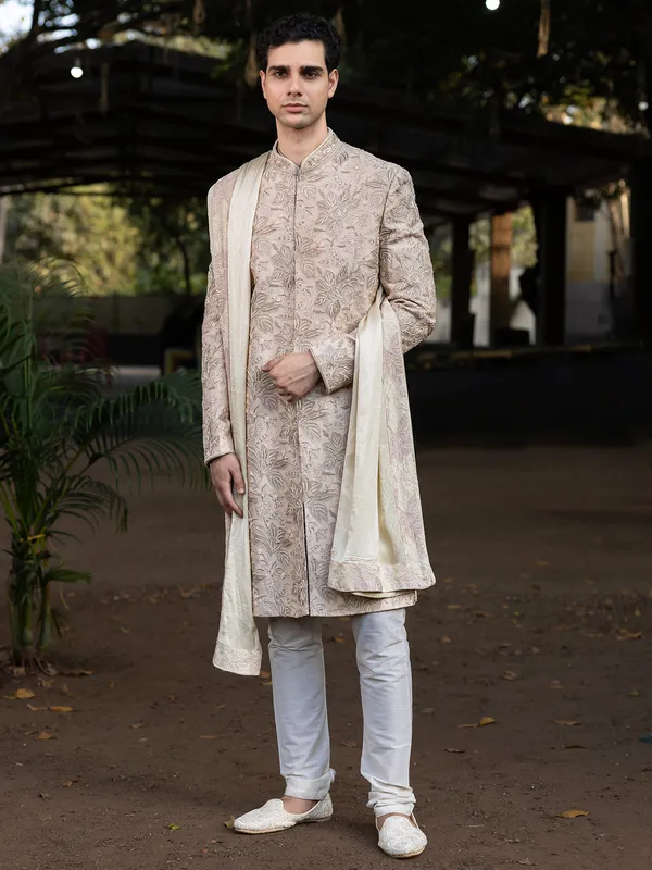 Beige silk groom sherwani