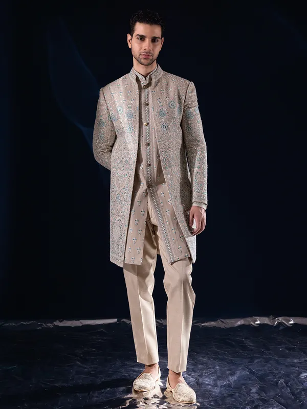 Beige silk indowestern for men