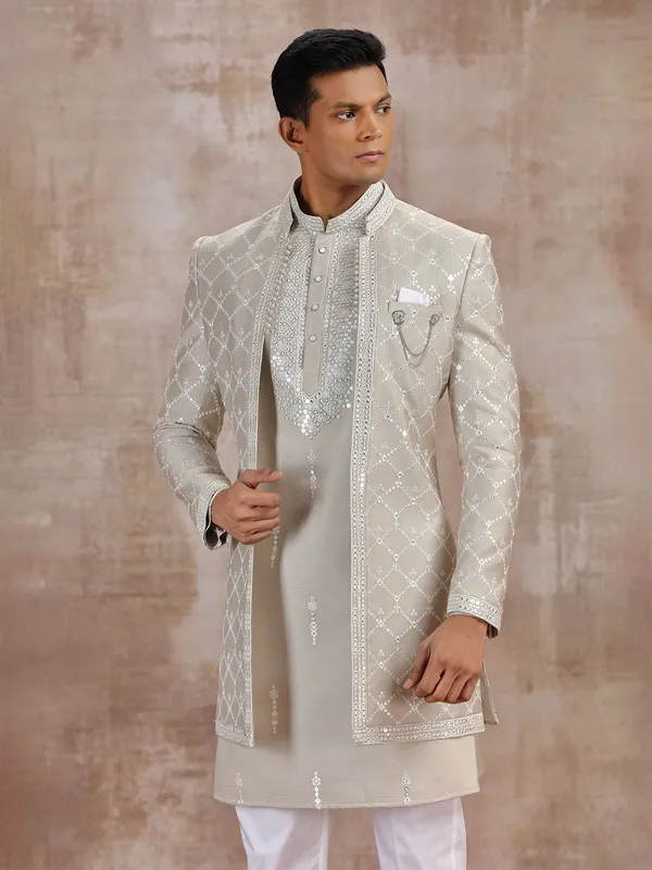 Beige silk jacket style indo western with embroidery weaving