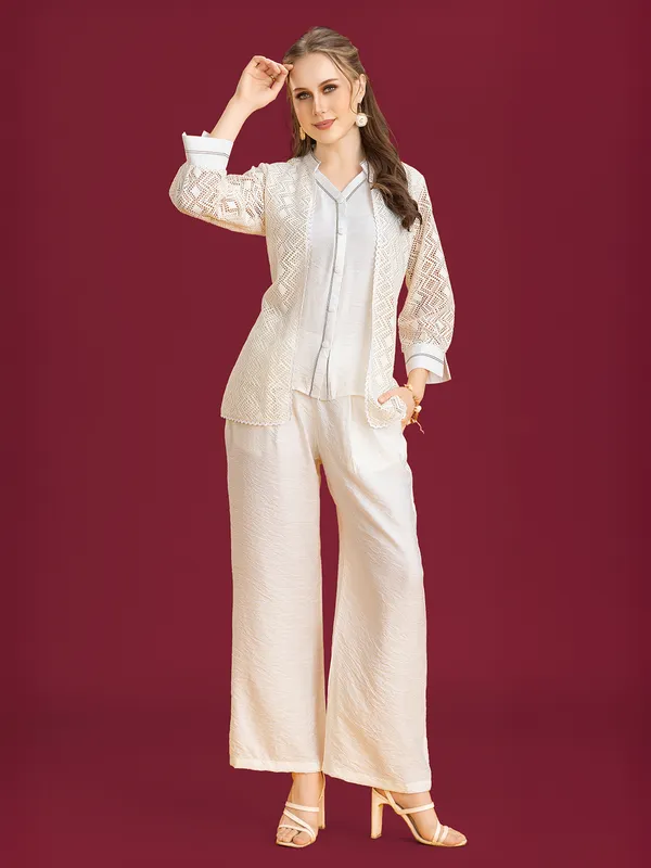 Beige silk jacket style palazzo co-ord set