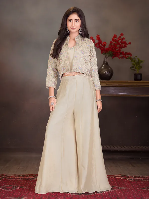 Beige silk jacket style palazzo ensemble