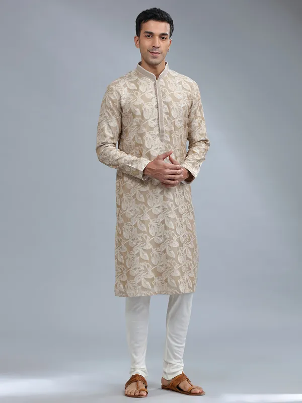 Beige silk kurta pajama for men