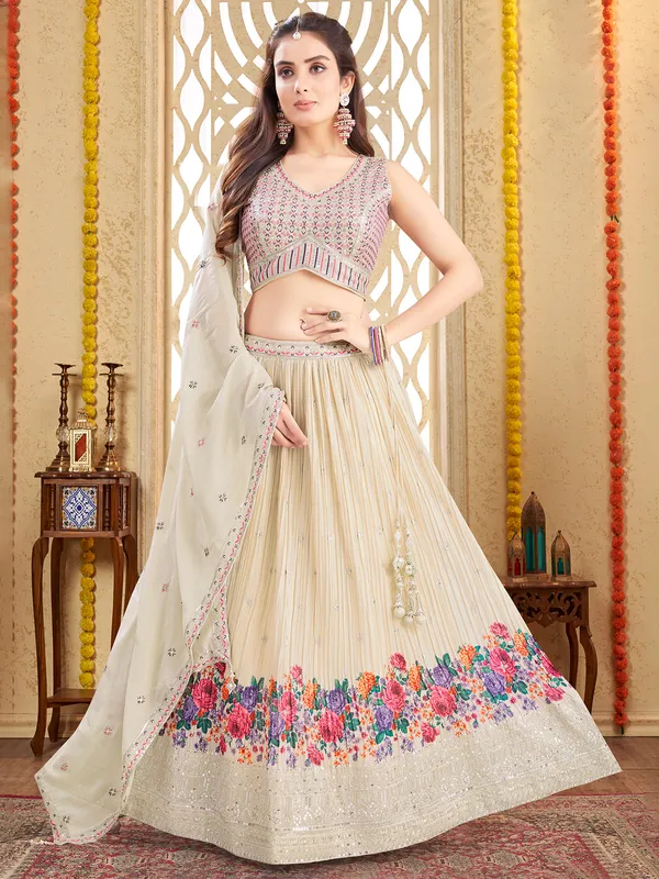Beige silk lehenga choli with print