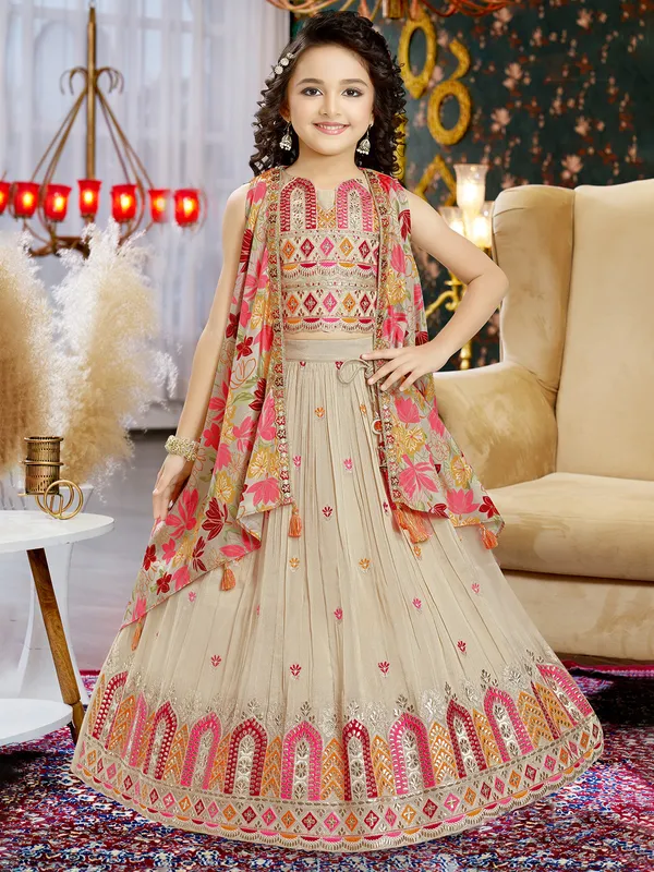 Beige silk lehenga choli with shrug