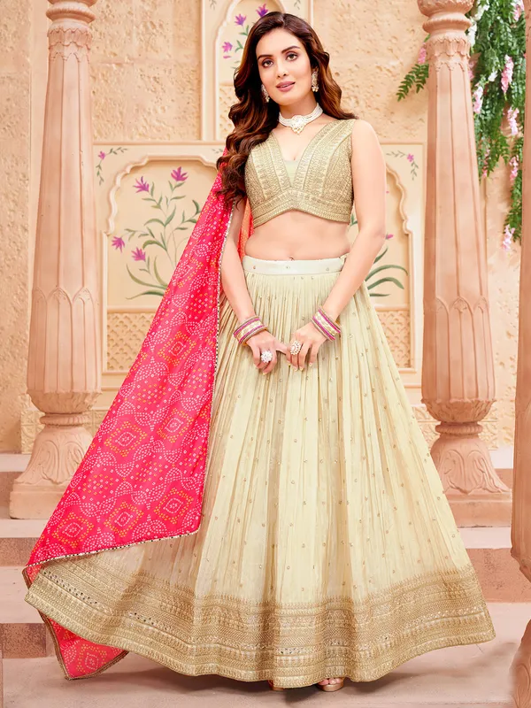 Beige silk lehenga choli with zari work