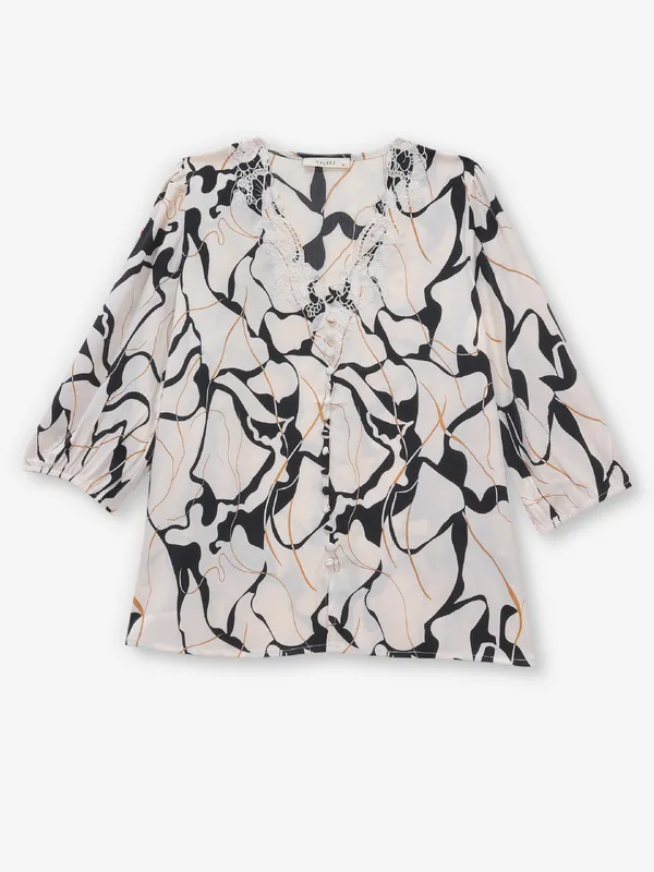 Beige silk printed quarter sleeve top