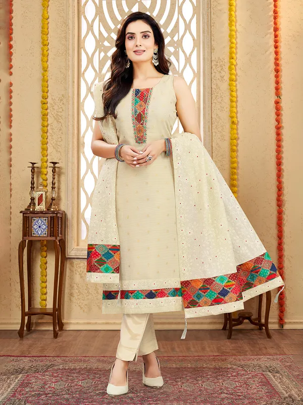 Beige silk salwar suit with aabla and zardosi work