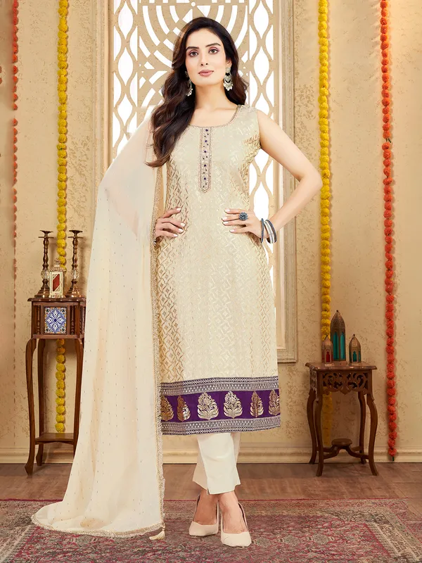 Beige silk salwar suit with cutdana detailing