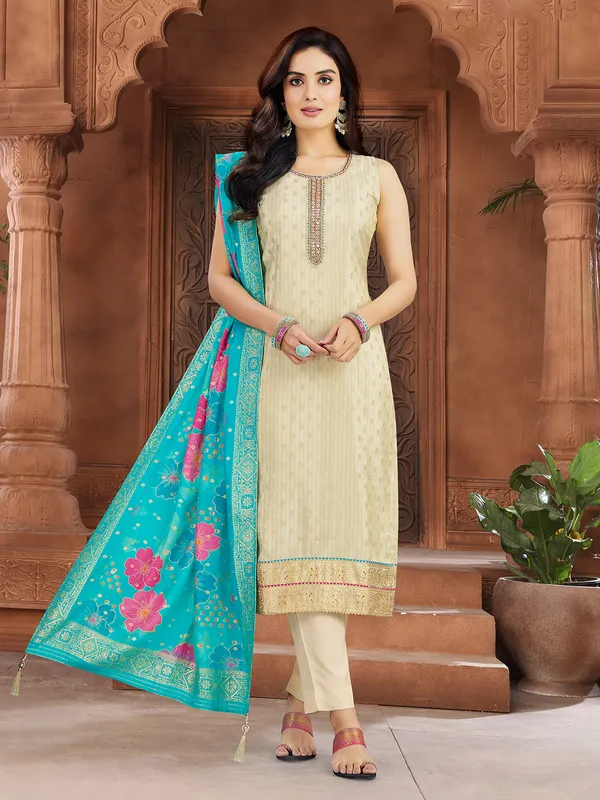 Beige silk salwar suit with cutdana work