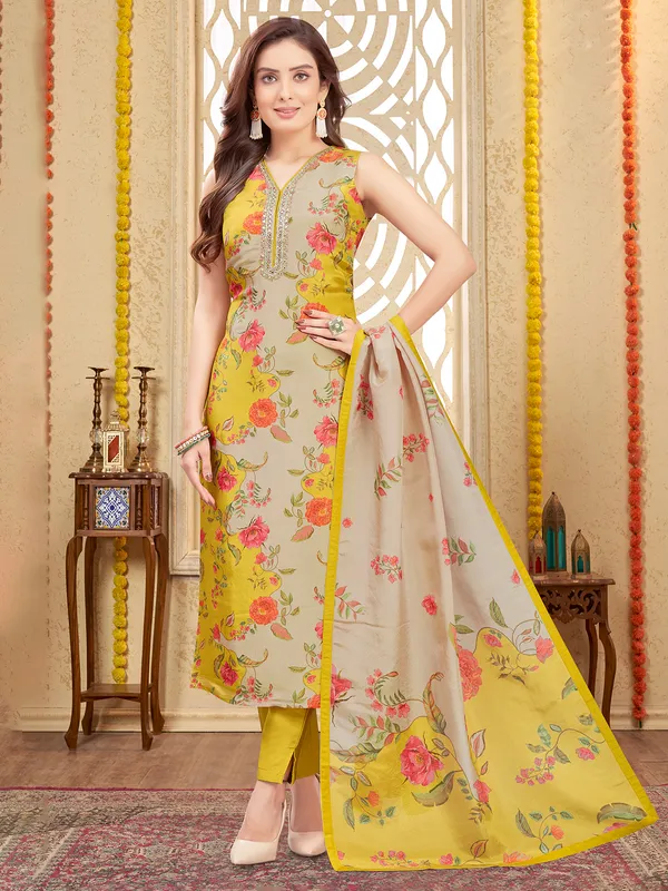 Beige silk salwar suit with floral print
