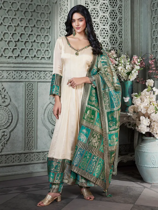 Beige silk salwar suit with zari worked dupatta