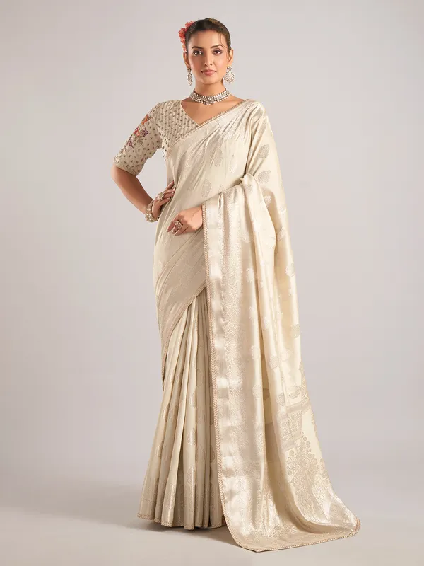 Beige silk saree with ready made blouse