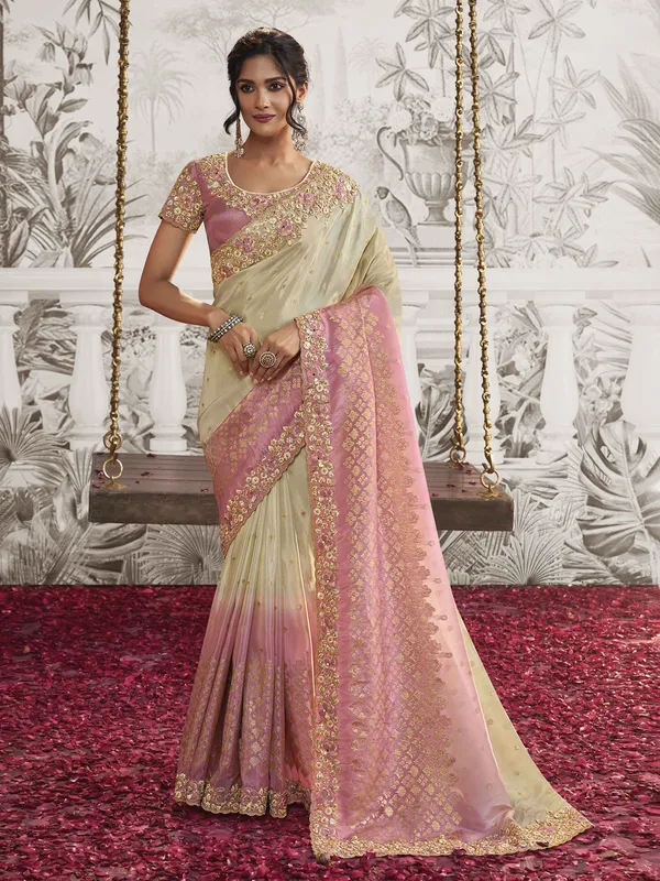 Beige silk saree with resham and embroidery work