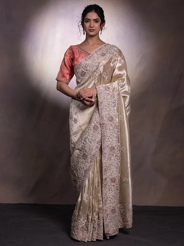 Beige silk saree with zari weaving