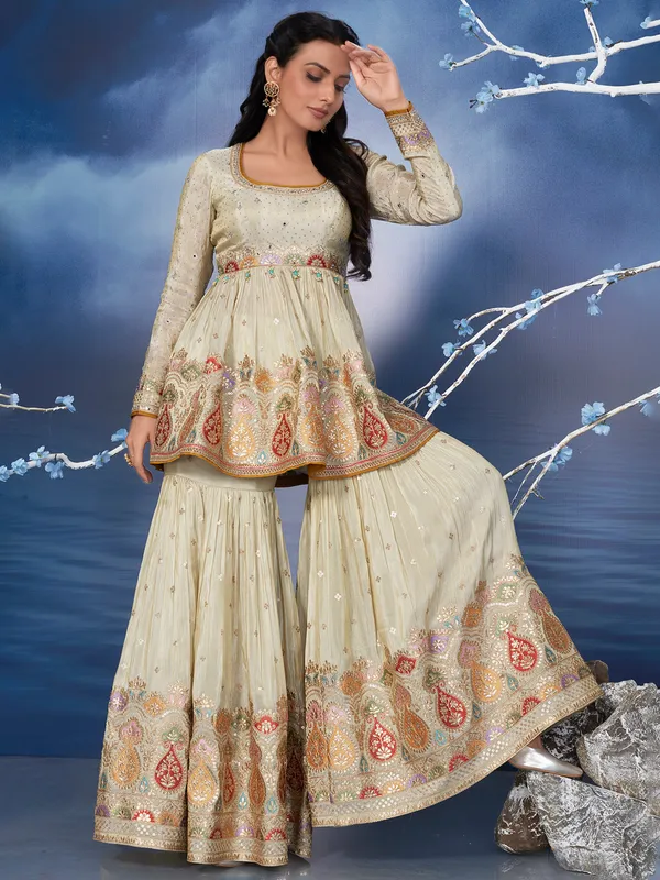 Beige silk sharara salawar suit