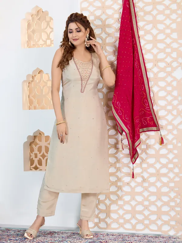 Beige silk straight cut salwar suit for women