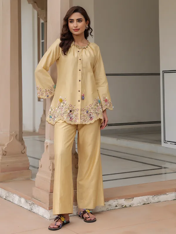 Beige silk tencel embroidery co-ord set