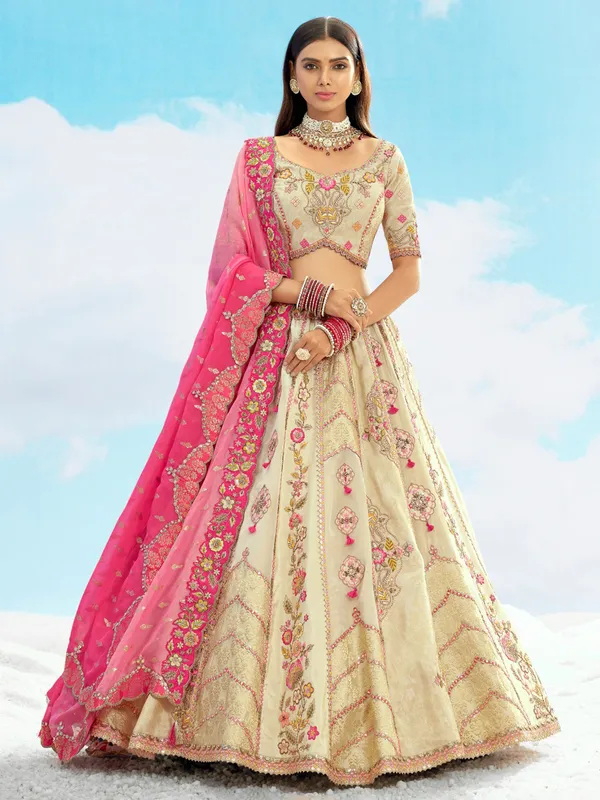 Beige silk unstitched lehenga choli for wedding