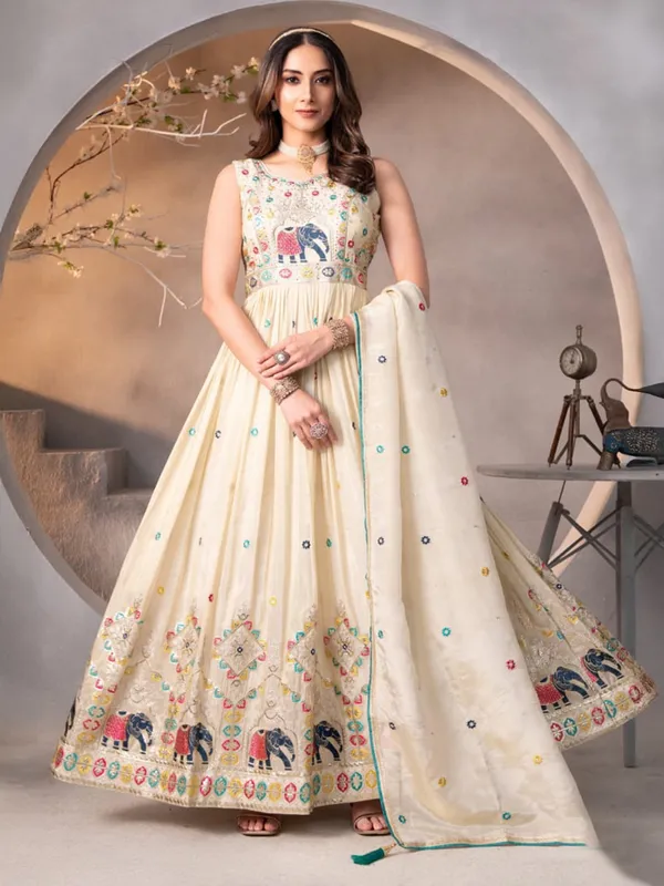 Beige silk wedding wear anarkali suit