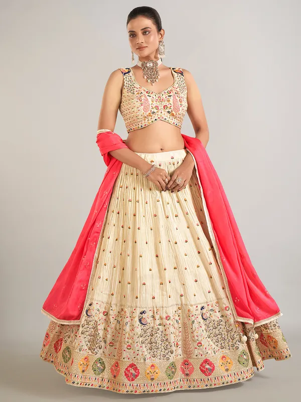 Beige silk wedding wear lahenga choli