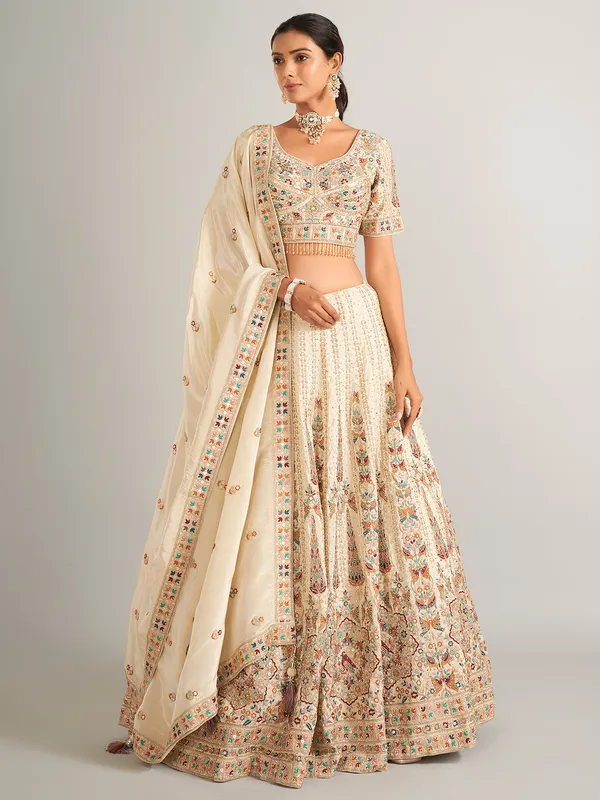 beige silk wedding wear lehenga choli for women