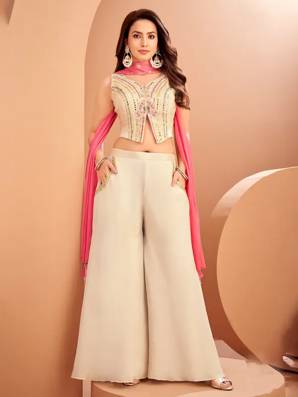 Beige silk wedding wear palazzo suit with dupatta