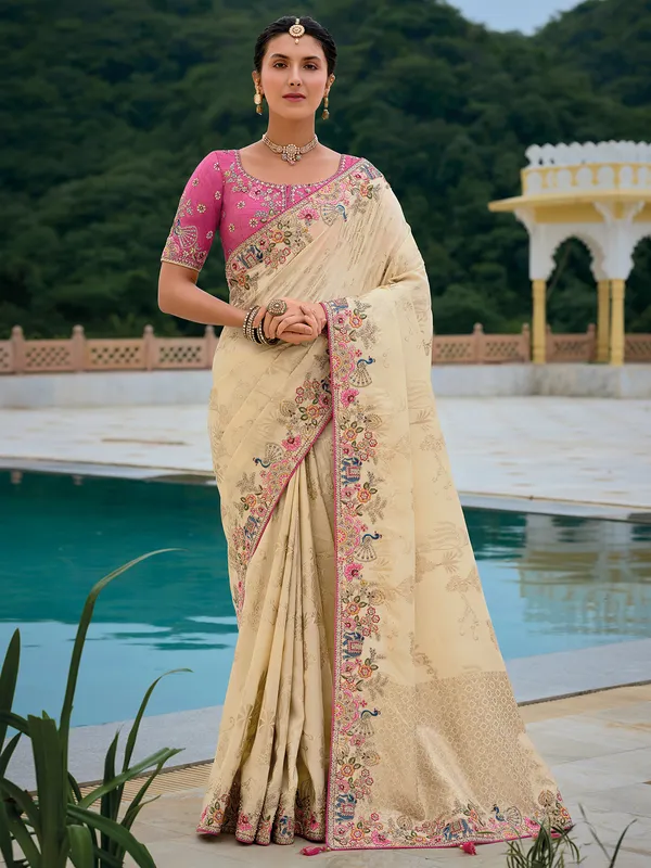 Beige silk wedding wear saree