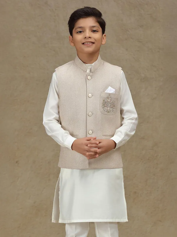 Beige silk wedding wear waistcoat set for boys