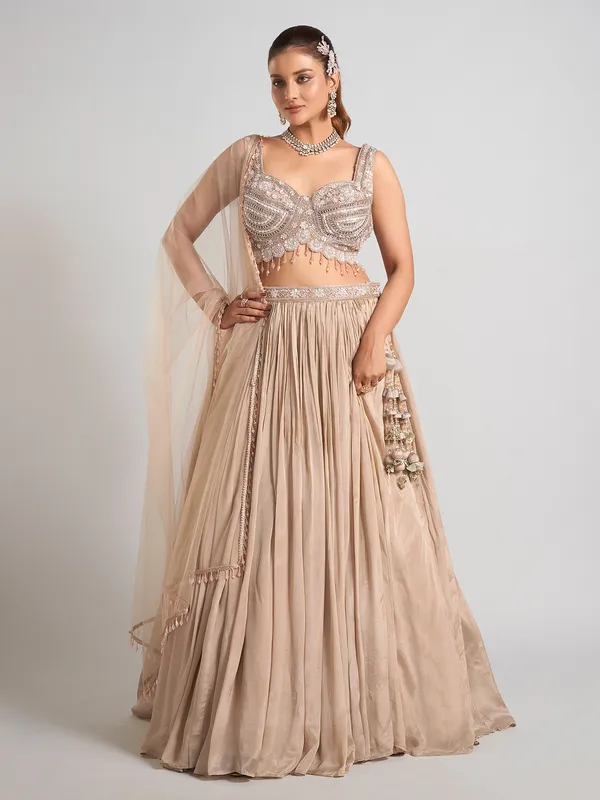 Beige silk zardosi wedding wear lehenga choli