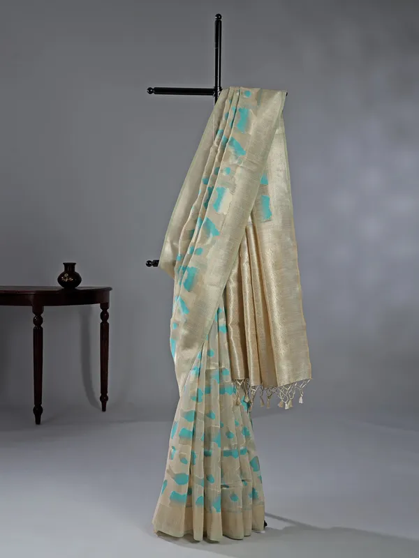 Beige sky blue zari woven cotton saree for women