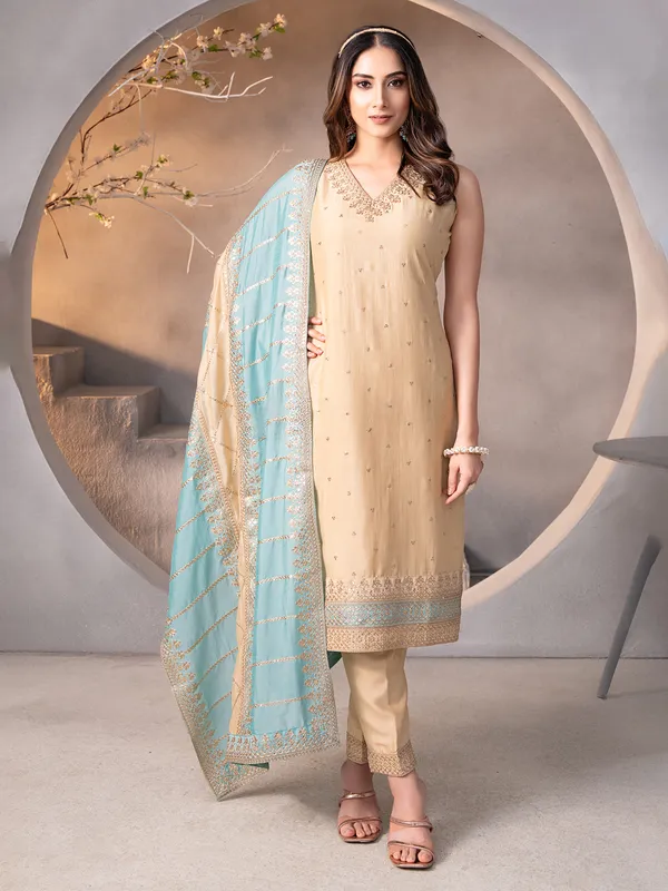 Beige straight cut silk salwar suit with dupatta