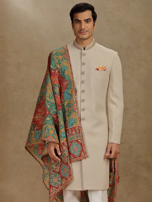 Beige terry rayon indo western for wedding wear
