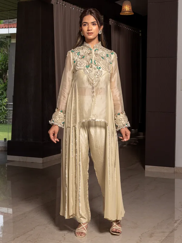 Beige tissue silk palazzo suit for women