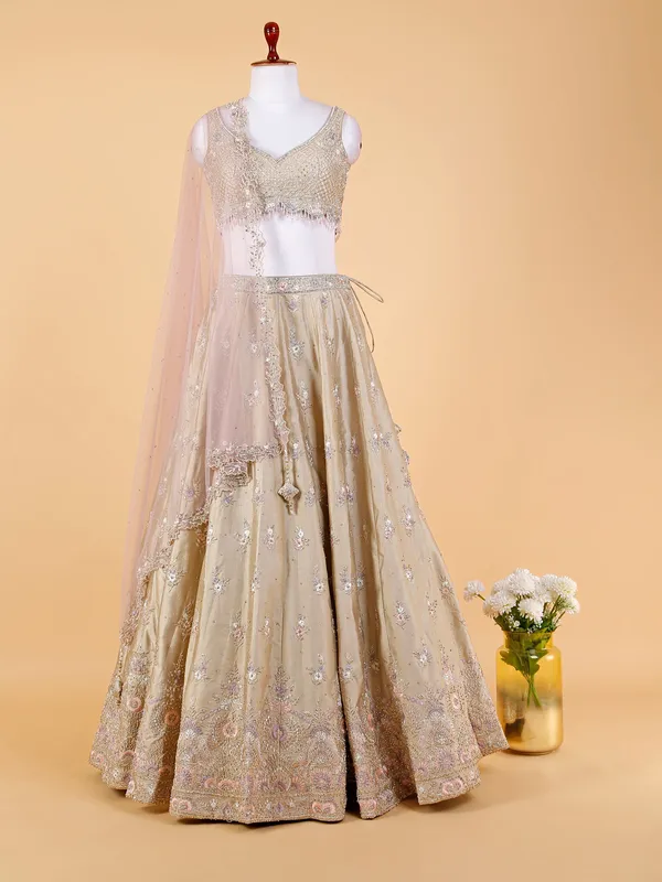 Beige traditional silk wedding lehenga choli