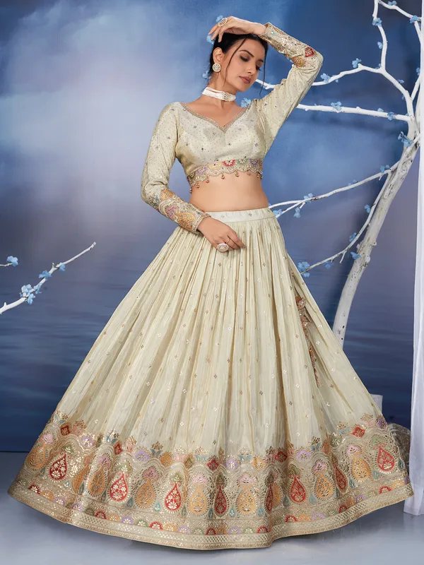Beige wedding  lehenga choli in silk