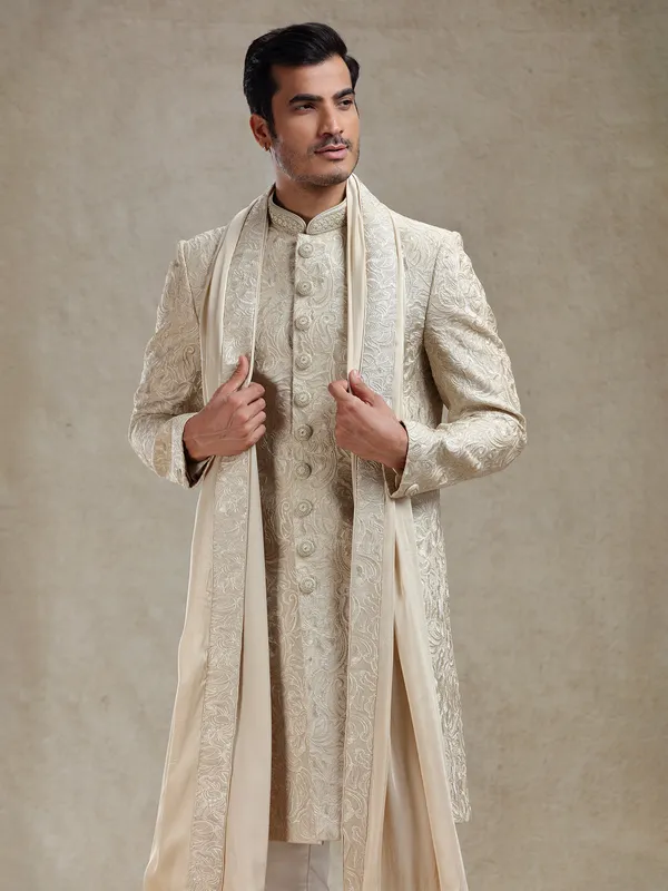 Beige wedding style sherwani set with dupatta